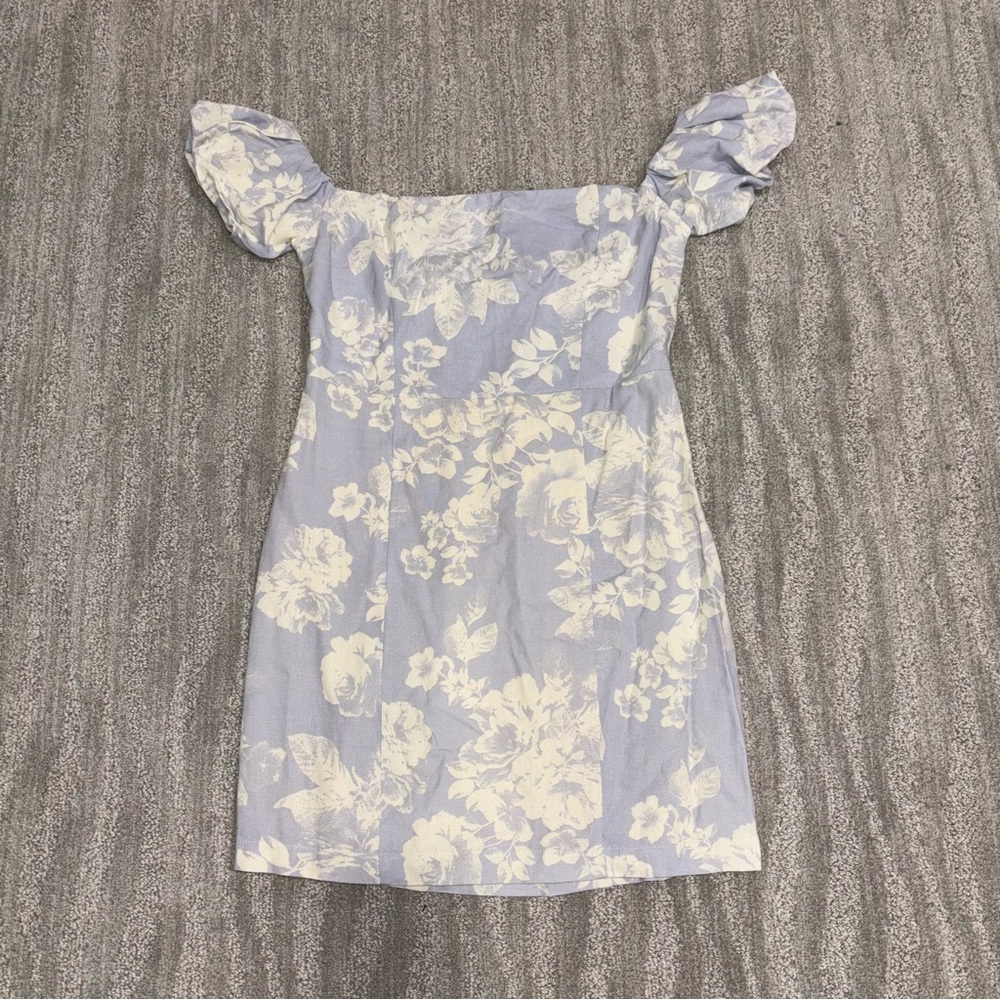 LUSH Off Shoulder Linen Blend Mini Dress Blue & White Floral Women’s Size L